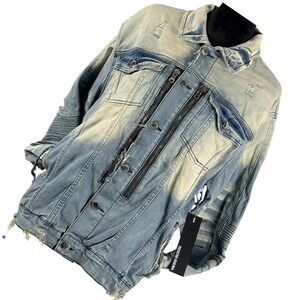 Rockstar Original Mens L Distressed Moto Denim Jacket Zip Biker Stretch Jean NWT